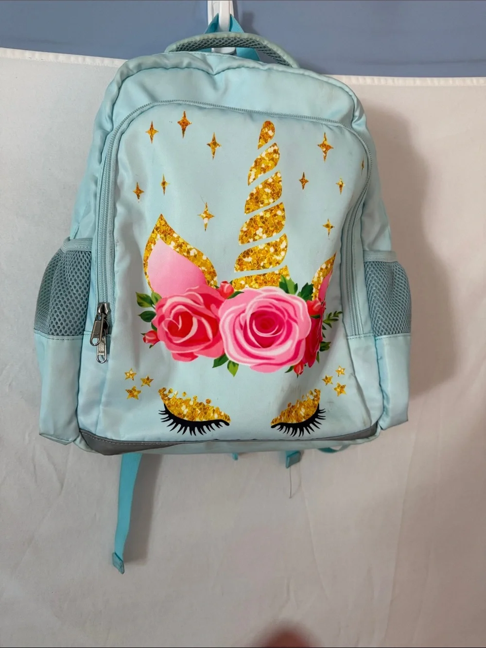 Sparkle Unicorn Kids Backpack - Light Blue with Pink Roses
